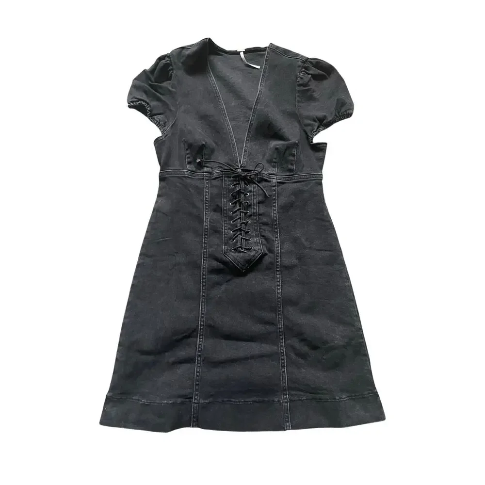 Free People Womens Denim Black Mini Dress V Neck Stretchy Size 2 Dark Fem Flirty